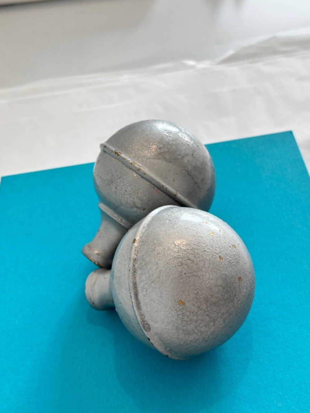 Curtain rod finials TWO silver coloured metal ball finials threaded for mounting